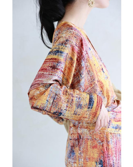 彩り豊かなアート柄カシュクールロングワンピース