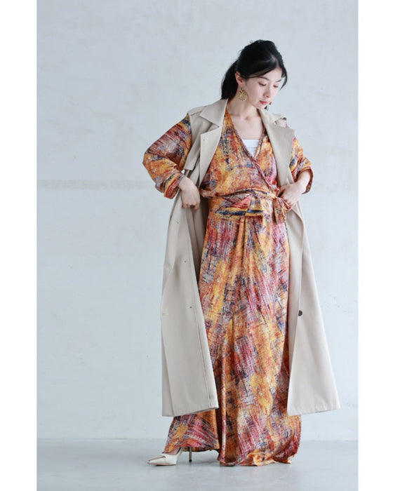 彩り豊かなアート柄カシュクールロングワンピース