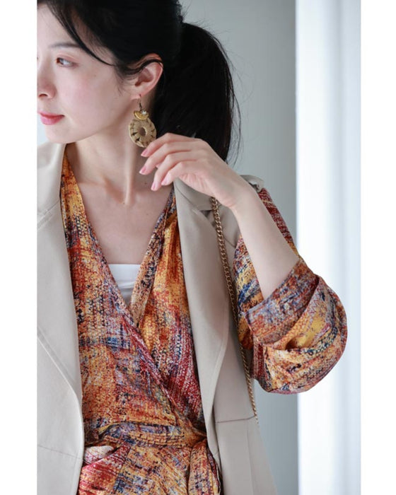 彩り豊かなアート柄カシュクールロングワンピース