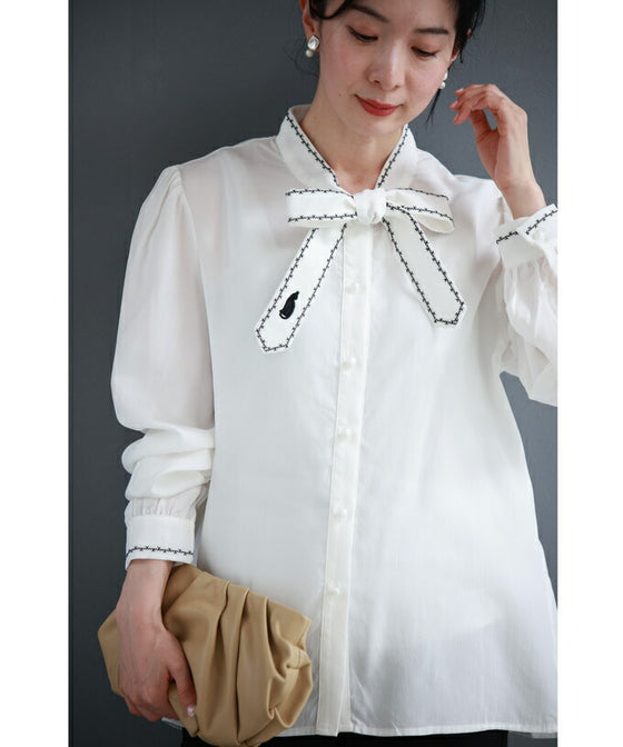 Black cat ribbon tie blouse top