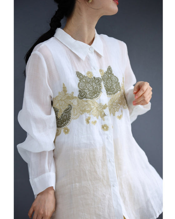 レース模様の刺繍浮かぶシアーシャツトップス