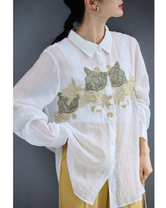 レース模様の刺繍浮かぶシアーシャツトップス