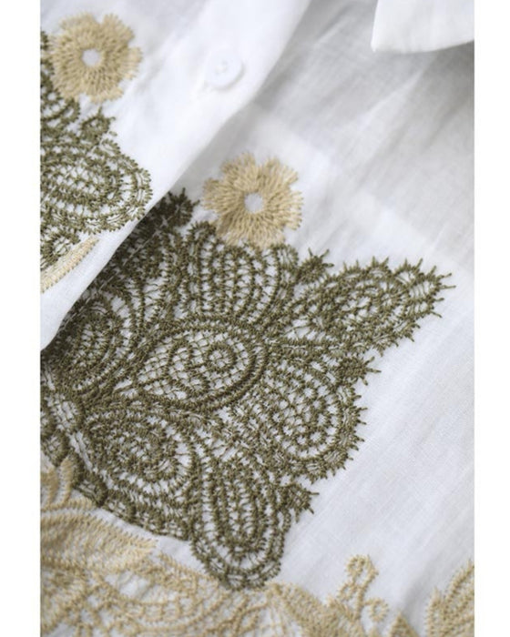 レース模様の刺繍浮かぶシアーシャツトップス