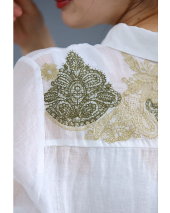 レース模様の刺繍浮かぶシアーシャツトップス