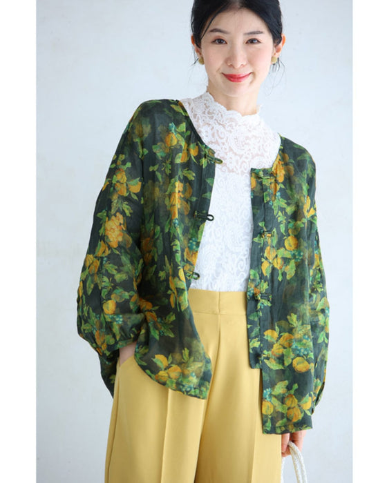 Botanical watercolor Chinese button blouse top