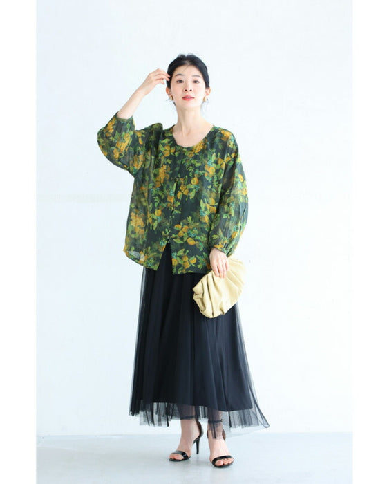 Botanical watercolor Chinese button blouse top