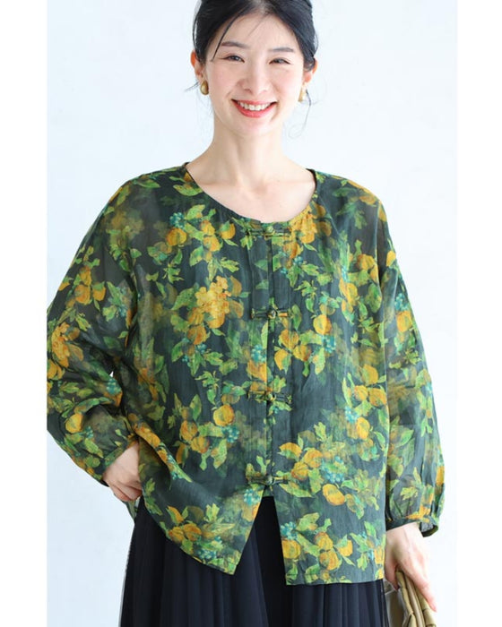 Botanical watercolor Chinese button blouse top
