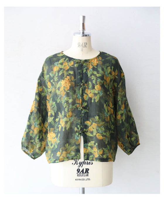 Botanical watercolor Chinese button blouse top