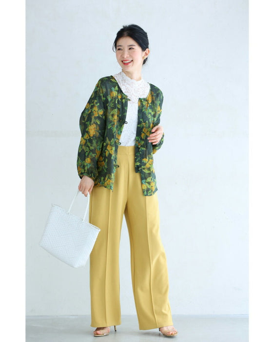 Botanical watercolor Chinese button blouse top