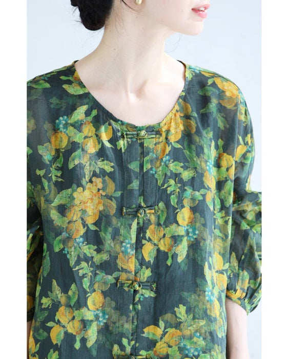 Botanical watercolor Chinese button blouse top