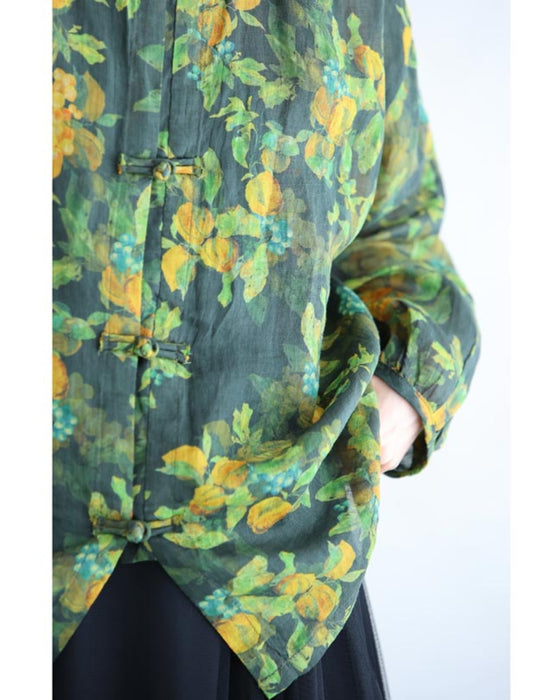 Botanical watercolor Chinese button blouse top