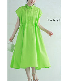  Summer neon green medium length dress with side ribbon