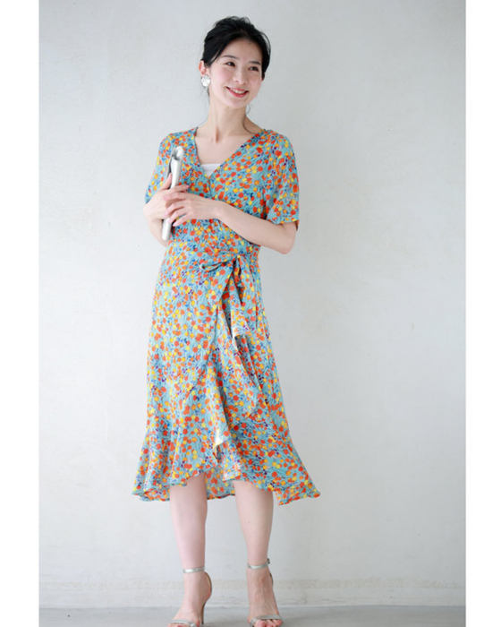 まあるいお花が咲くラップデザインミニワンピース