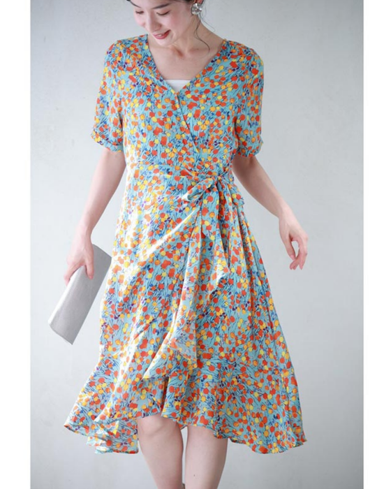 まあるいお花が咲くラップデザインミニワンピース