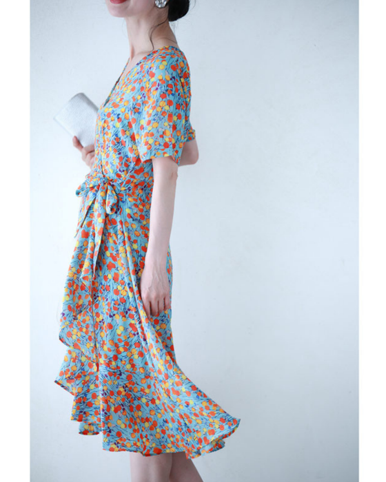 まあるいお花が咲くラップデザインミニワンピース