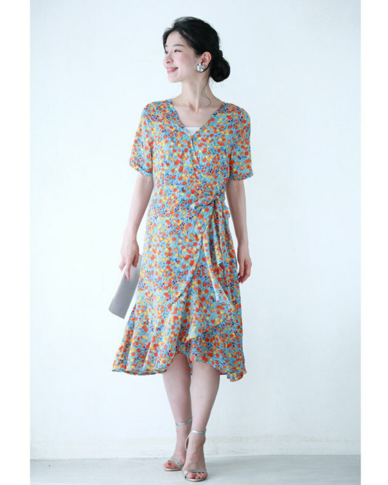 まあるいお花が咲くラップデザインミニワンピース