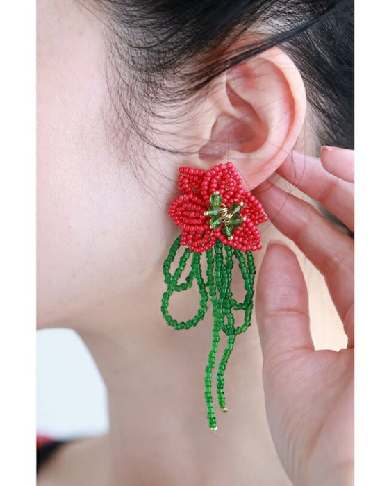 【返品・交換不可】揺れるビーズリボンの一輪花ピアス