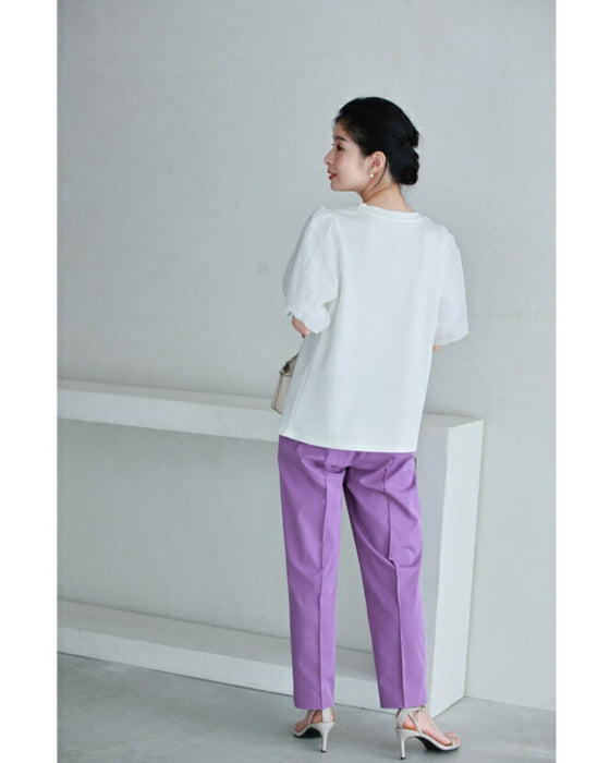 チュールパフスリーブの立体ブーケTシャツトップス