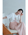 チュールパフスリーブの立体ブーケTシャツトップス