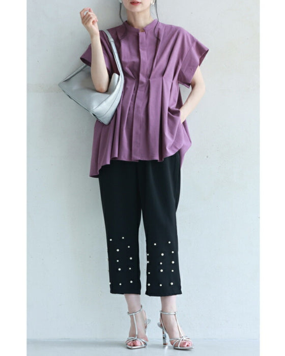 裾に艶めくパールビジューのテーパードパンツ