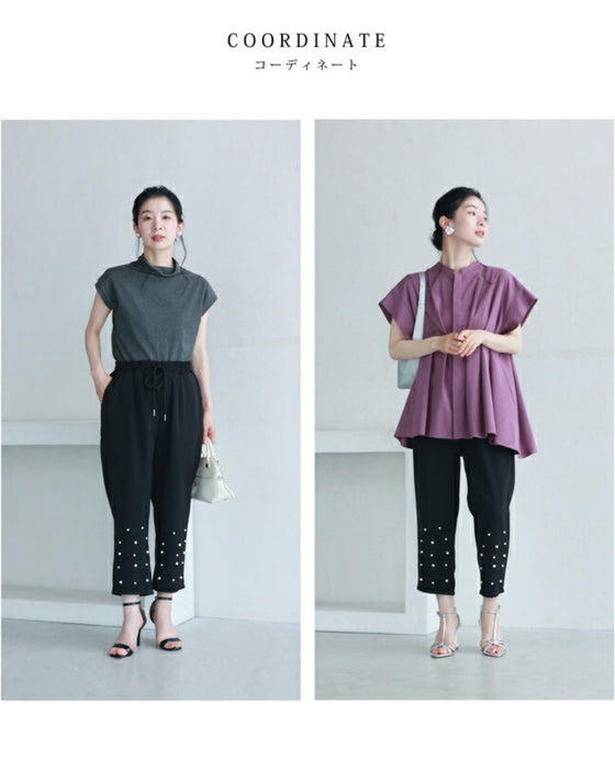 裾に艶めくパールビジューのテーパードパンツ