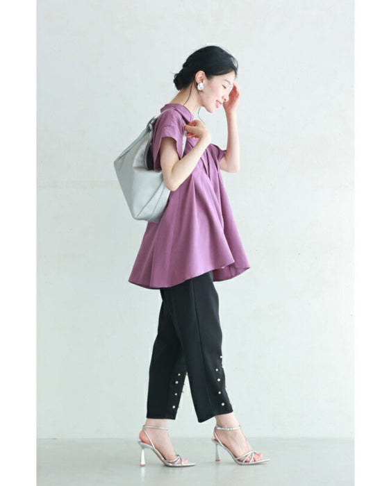 裾に艶めくパールビジューのテーパードパンツ