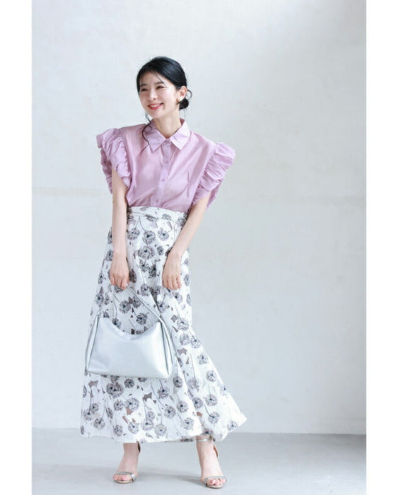 パフフリルスリーブの艶シャツトップス