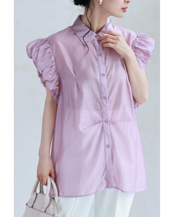 パフフリルスリーブの艶シャツトップス