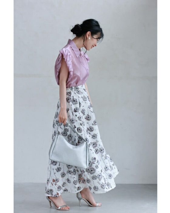 パフフリルスリーブの艶シャツトップス