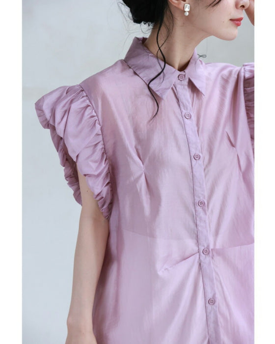 パフフリルスリーブの艶シャツトップス