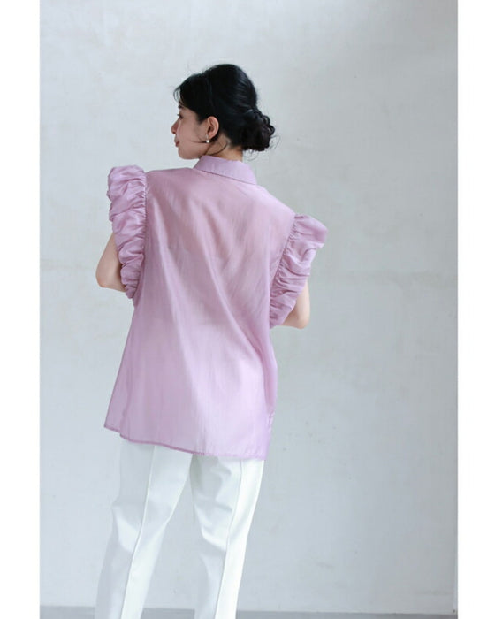 パフフリルスリーブの艶シャツトップス