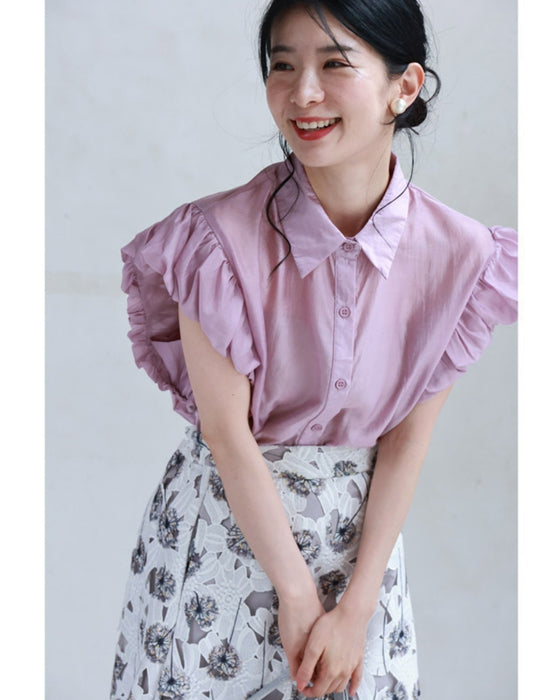 パフフリルスリーブの艶シャツトップス