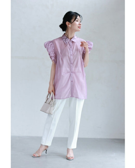 パフフリルスリーブの艶シャツトップス