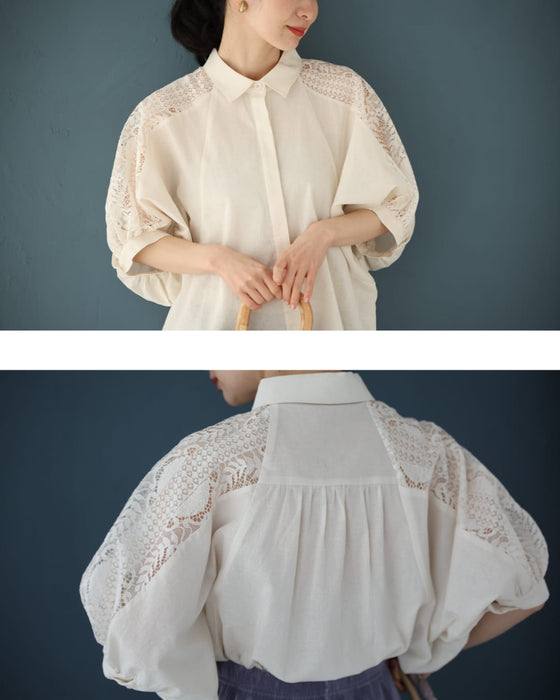 肩から流れるレースのふんわりポワン袖シャツトップス