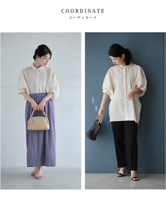 肩から流れるレースのふんわりポワン袖シャツトップス