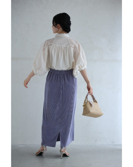 肩から流れるレースのふんわりポワン袖シャツトップス