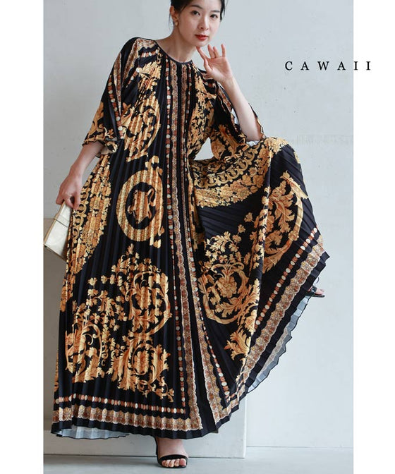 (ベルト付き)リュクスな世界が広がるスカーフ柄プリーツロングワンピース