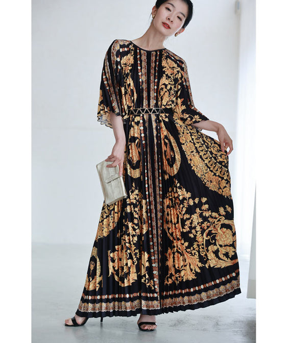 (ベルト付き)リュクスな世界が広がるスカーフ柄プリーツロングワンピース