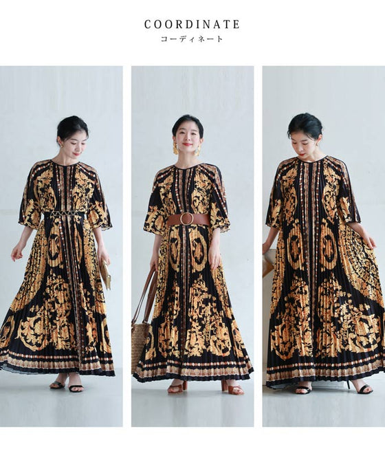 (ベルト付き)リュクスな世界が広がるスカーフ柄プリーツロングワンピース