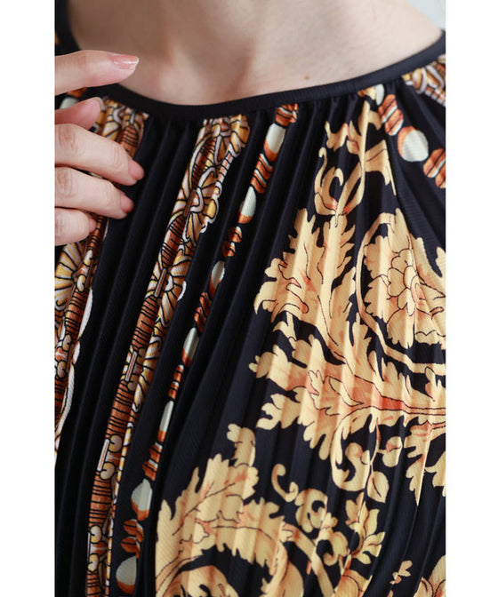 (ベルト付き)リュクスな世界が広がるスカーフ柄プリーツロングワンピース