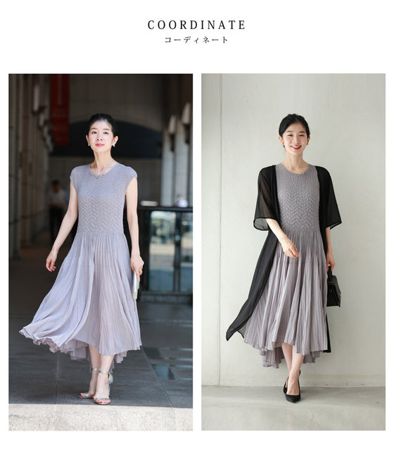 広がるボリュームスカートのウエスト切り替えミディアムワンピース