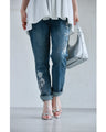 Denim pants with rhinestones and embroidered flowers