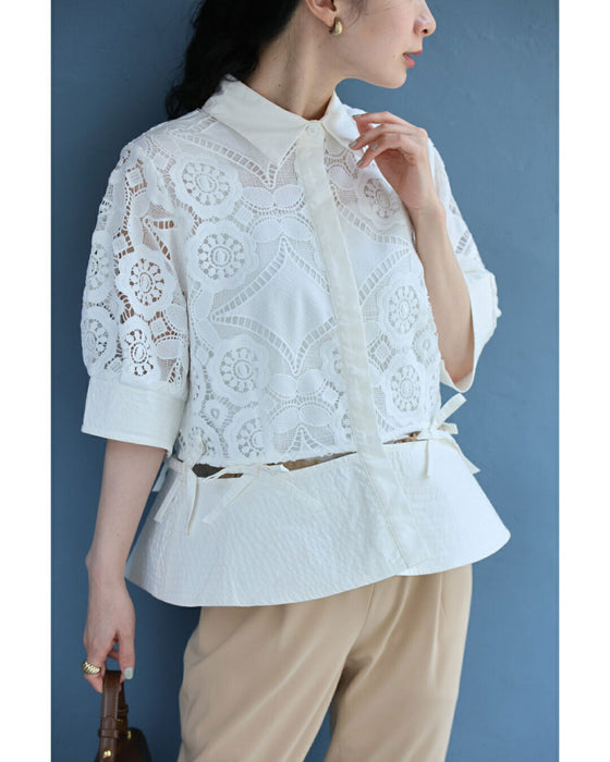 優美なレースのウエストカッティングデザインシャツ