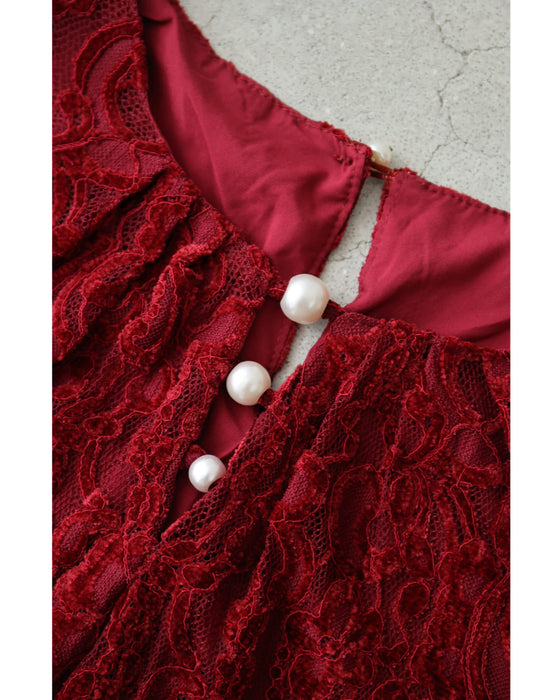 ベロア調の花浮かぶ総レースロングワンピース(ベルト付き)