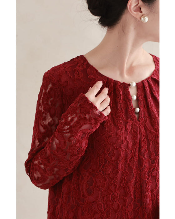 ベロア調の花浮かぶ総レースロングワンピース(ベルト付き)