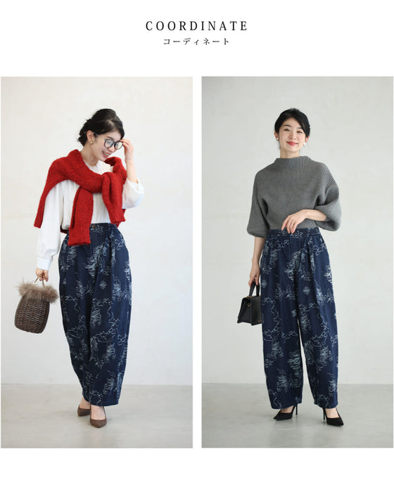 アーティスティックな花画デニムワイドパンツ