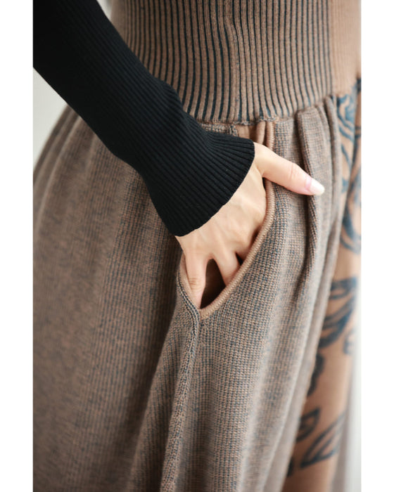 青い花が連なるウエストリブニットミディアムスカート