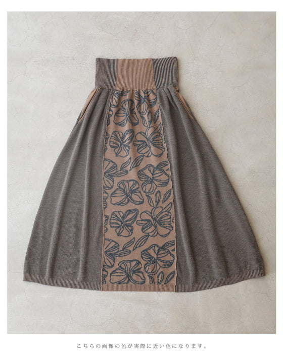 青い花が連なるウエストリブニットミディアムスカート