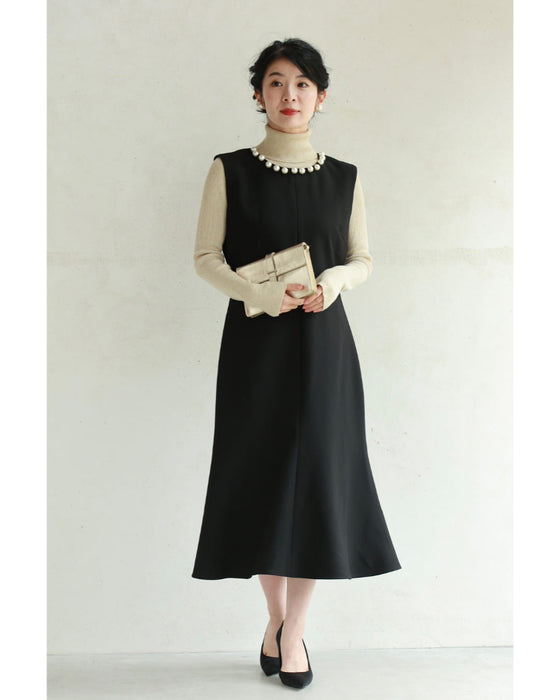 Pearl neck A-line medium dress