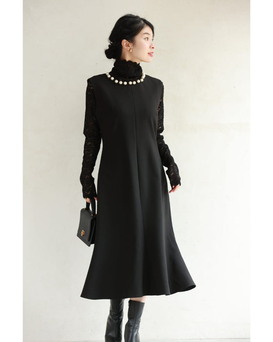 Pearl neck A-line medium dress